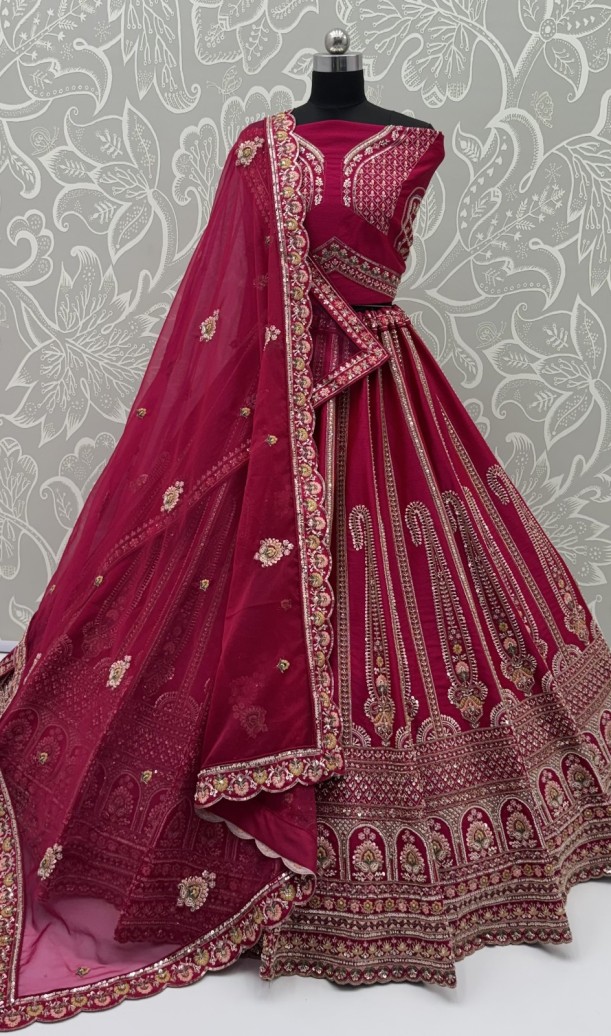 Rani-Pink Silk Floral Pattern using Beads, Golden Sequins-Thread Handwork Bridal Semi-Stitched Lehenga Choli